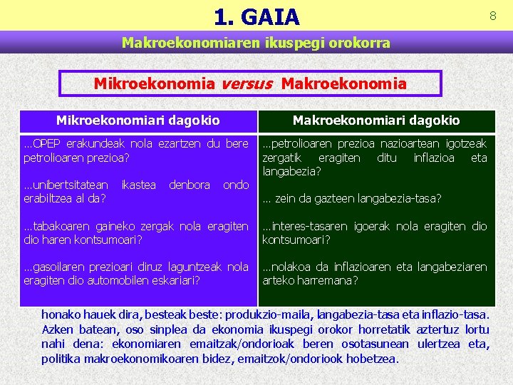 1. GAIA 8 Makroekonomiaren ikuspegi orokorra Mikroekonomia versus Makroekonomia Ekonomiak bi azpidiziplina edo atal