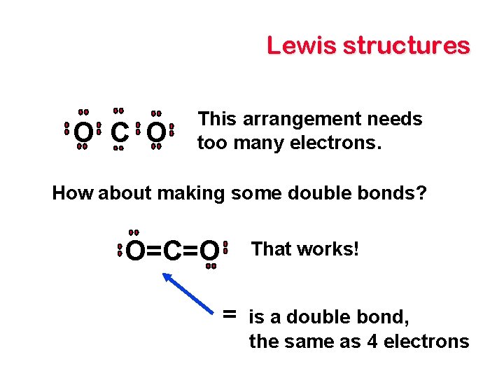Lewis structures O C O This arrangement needs too many electrons. How about making