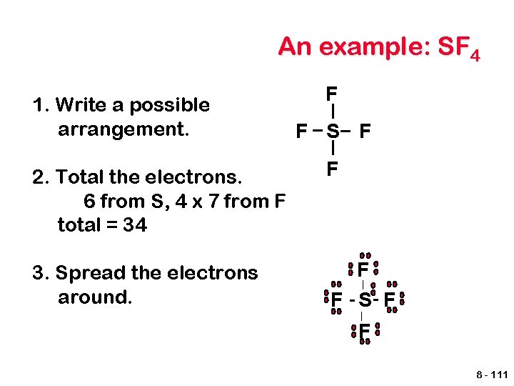 An example: SF 4 1. Write a possible arrangement. F F S F 2.