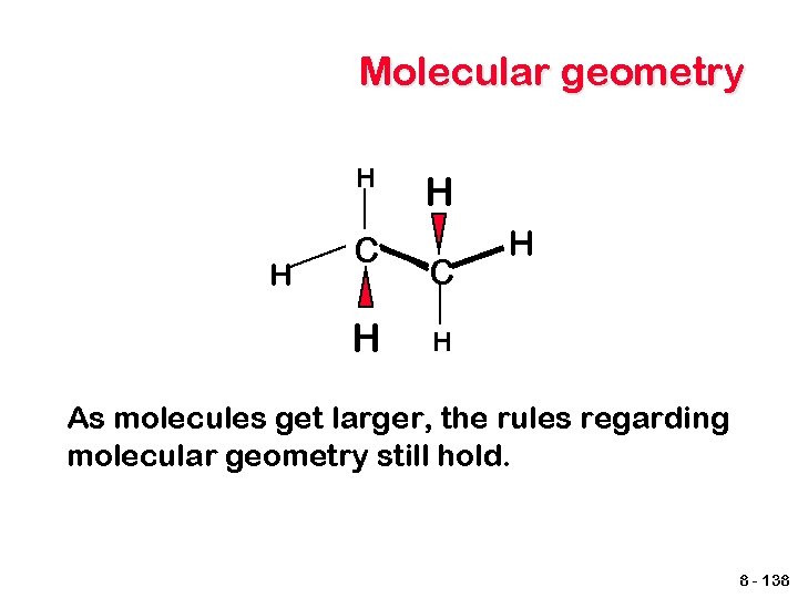 Molecular geometry H H C H H As molecules get larger, the rules regarding