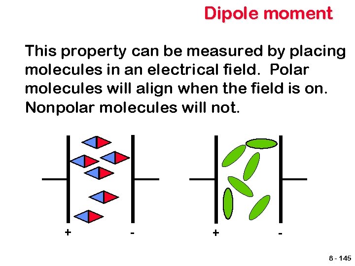 Dipole moment This property can be measured by placing molecules in an electrical field.