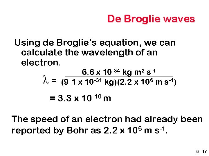 De Broglie waves Using de Broglie’s equation, we can calculate the wavelength of an