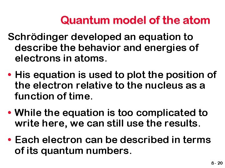 Quantum model of the atom Schrödinger developed an equation to describe the behavior and