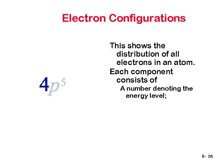 Electron Configurations This shows the distribution of all electrons in an atom. Each component