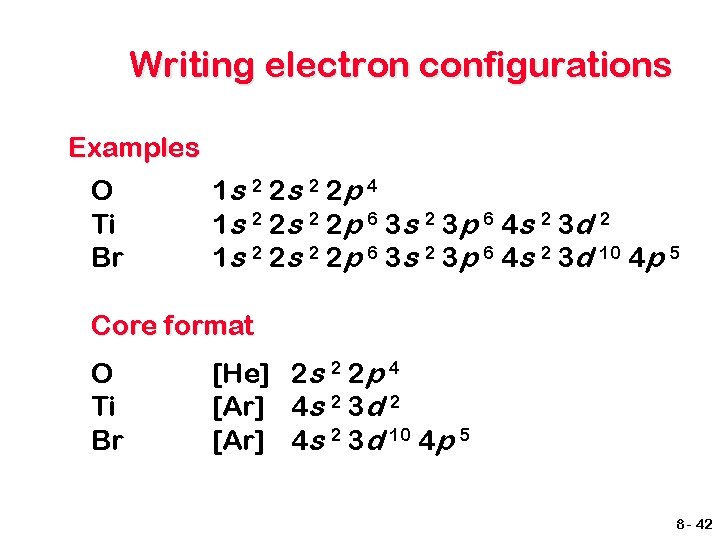 Writing electron configurations Examples O Ti Br 1 s 2 2 p 4 1