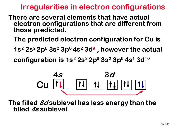 Irregularities in electron configurations There are several elements that have actual electron configurations that