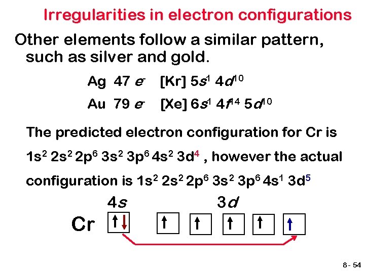 Irregularities in electron configurations Other elements follow a similar pattern, such as silver and