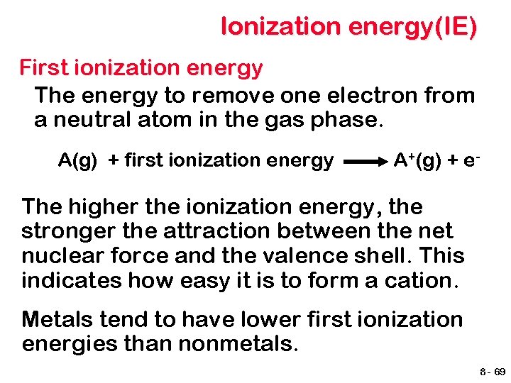 Ionization energy(IE) First ionization energy The energy to remove one electron from a neutral