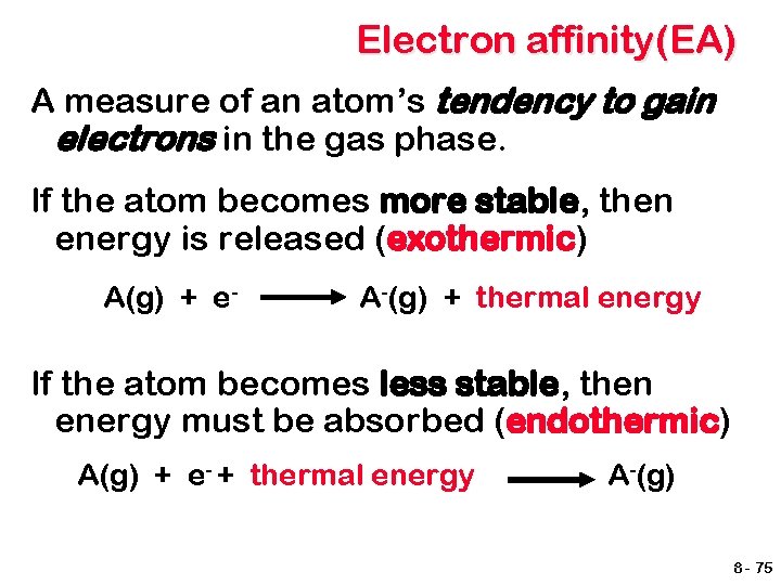 Electron affinity(EA) A measure of an atom’s tendency to gain electrons in the gas