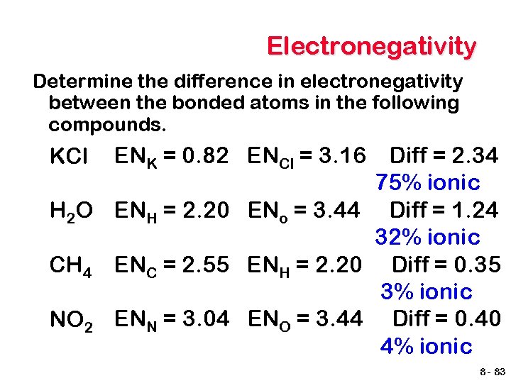 Electronegativity Determine the difference in electronegativity between the bonded atoms in the following compounds.