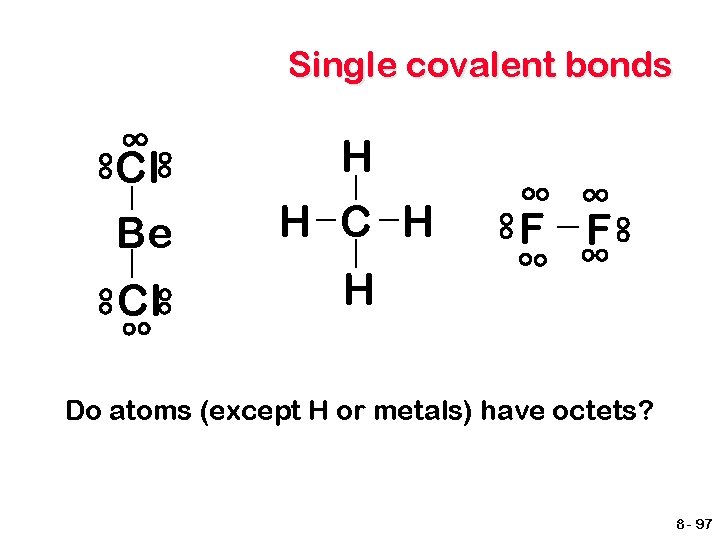 Single covalent bonds Cl Be H H Cl H F F Do atoms (except