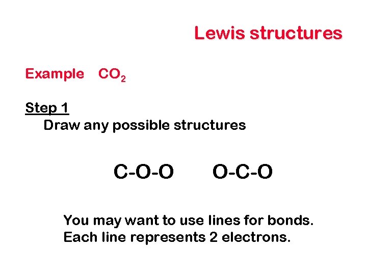 Lewis structures Example CO 2 Step 1 Draw any possible structures C-O-O O-C-O You