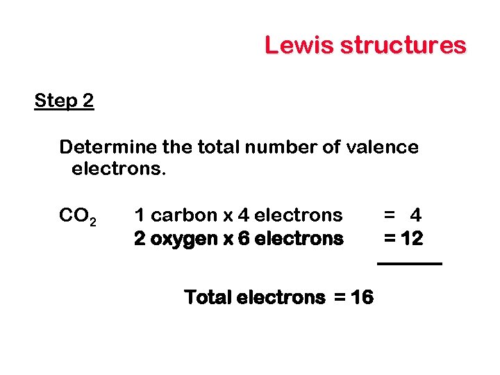 Lewis structures Step 2 Determine the total number of valence electrons. CO 2 1