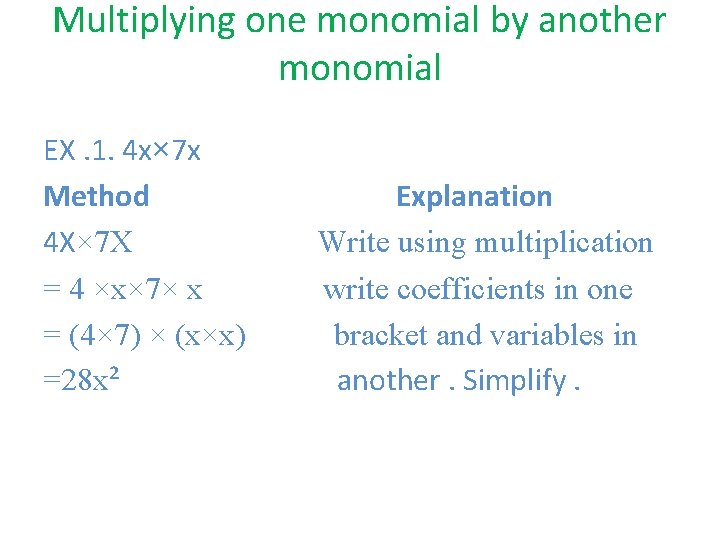 Multiplying one monomial by another monomial EX. 1. 4 x× 7 x Method 4