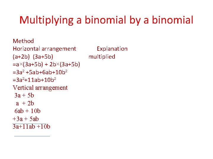 Multiplying a binomial by a binomial Method Horizontal arrangement (a+2 b) (3 a+5 b)