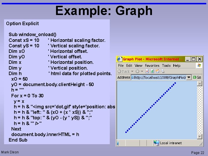 Example: Graph Option Explicit Sub window_onload() Const x. S = 10 ' Horizontal scaling