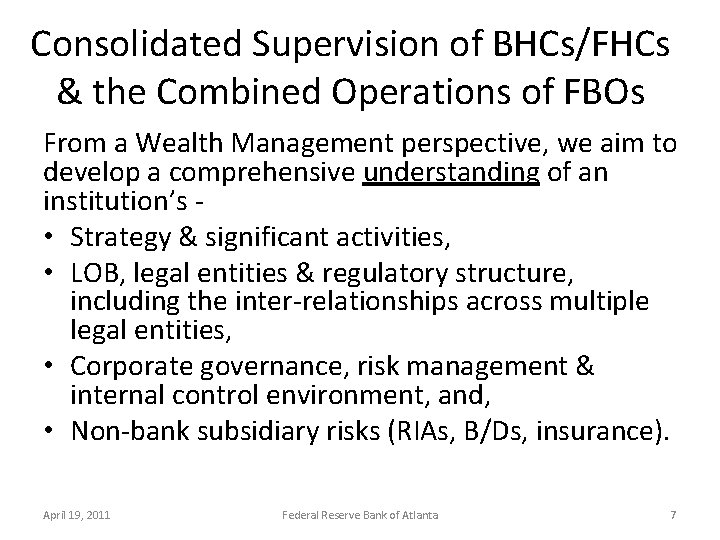 Consolidated Supervision of BHCs/FHCs & the Combined Operations of FBOs From a Wealth Management