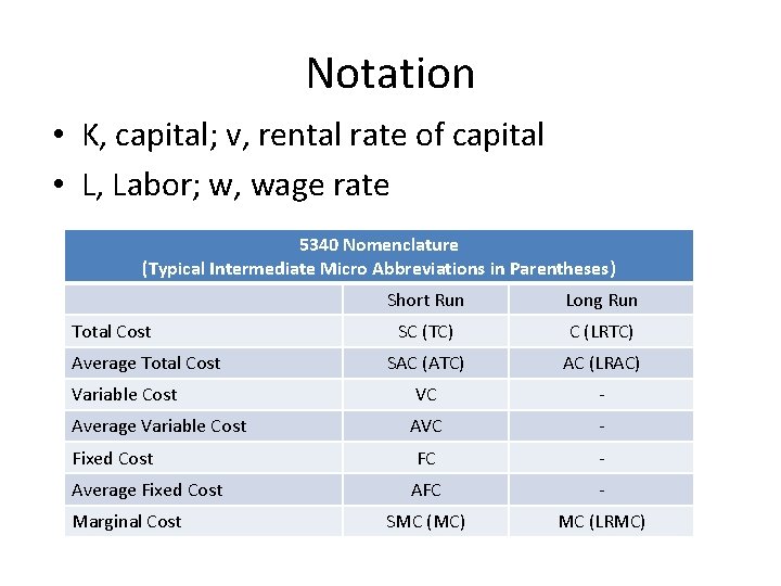 Notation • K, capital; v, rental rate of capital • L, Labor; w, wage