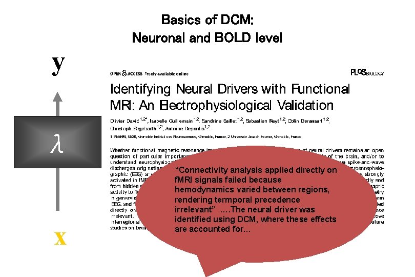 Basics of DCM: Neuronal and BOLD level y λ x “Connectivity analysis applied directly