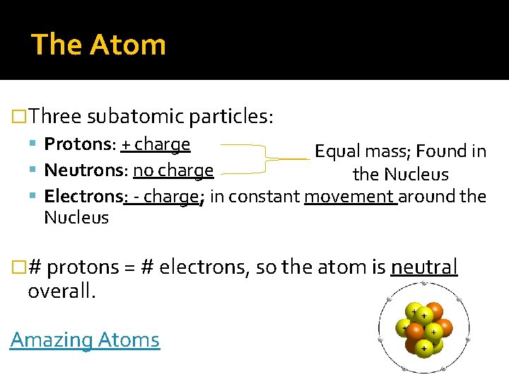 The Atom �Three subatomic particles: Protons: + charge Equal mass; Found in Neutrons: no