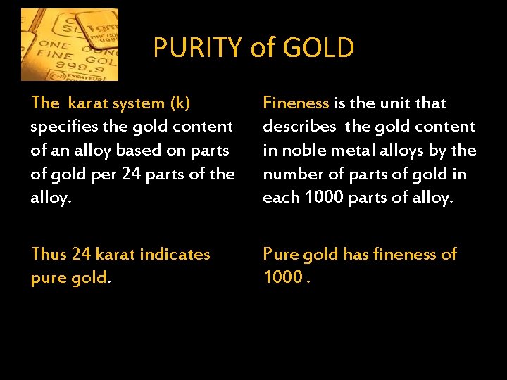 PURITY of GOLD The karat system (k) specifies the gold content of an alloy