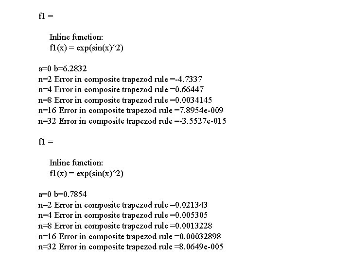 f 1 = Inline function: f 1(x) = exp(sin(x)^2) a=0 b=6. 2832 n=2 Error