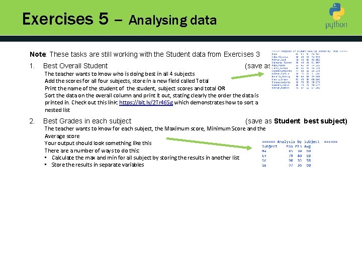 Exercises 5 – Analysing data Note: These tasks are still working with the Student