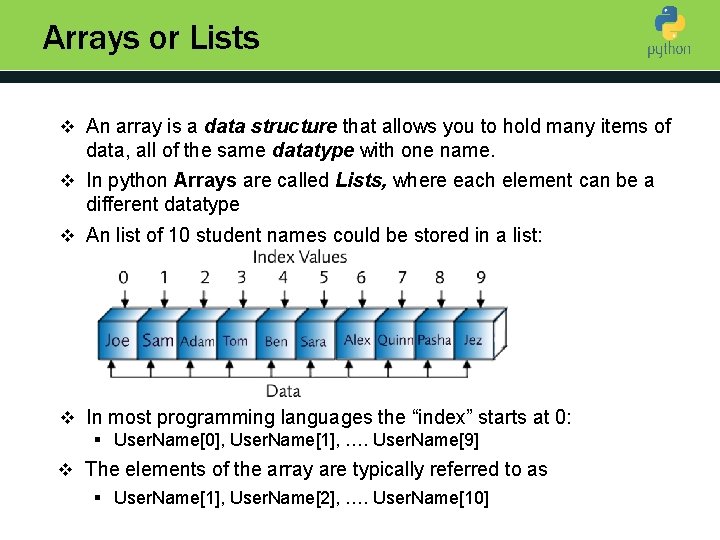 Arrays or Lists v An array is a data structure that allows you to