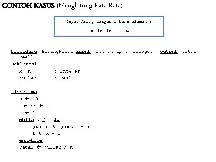 CONTOH KASUS (Menghitung Rata-Rata) Input Array dengan n buah elemen : |a 1 |a