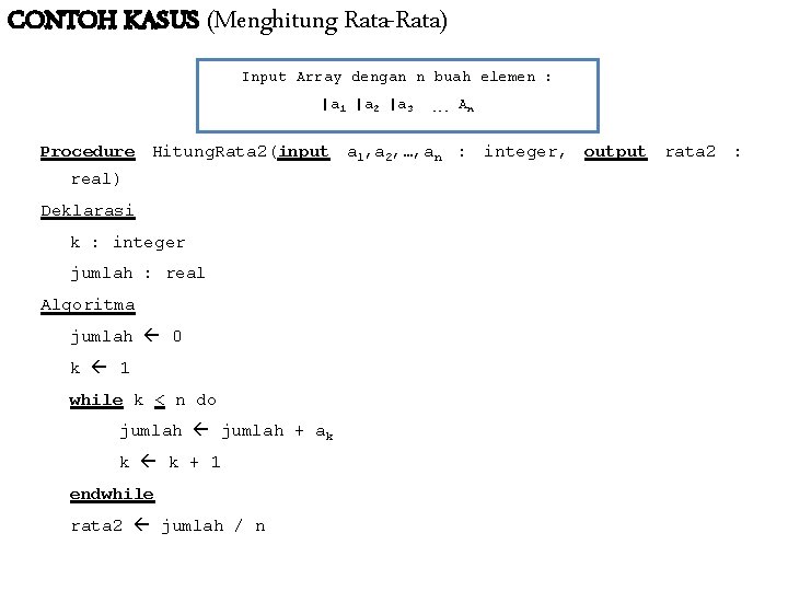 CONTOH KASUS (Menghitung Rata-Rata) Input Array dengan n buah elemen : |a 1 |a