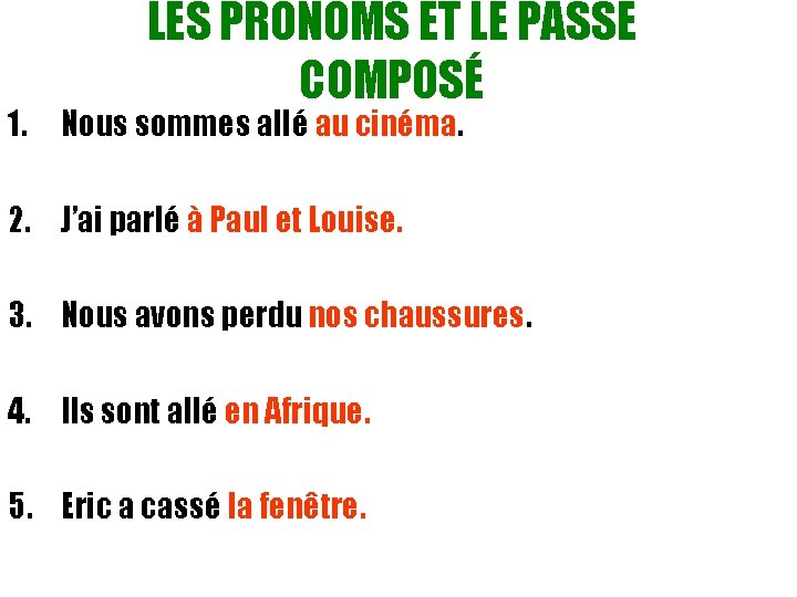 1. LES PRONOMS ET LE PASSÉ COMPOSÉ Nous sommes allé au cinéma. 2. J’ai