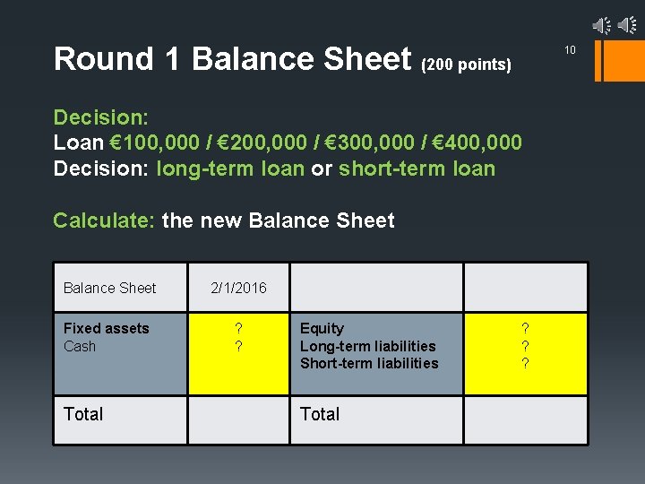 Round 1 Balance Sheet (200 points) 10 Decision: Loan € 100, 000 / €