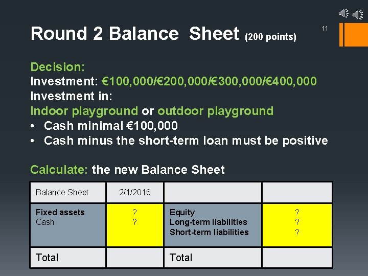 Round 2 Balance Sheet (200 points) 11 Decision: Investment: € 100, 000/€ 200, 000/€