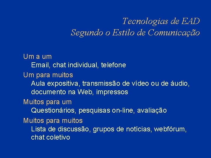 Tecnologias de EAD Segundo o Estilo de Comunicação Um a um Email, chat individual,