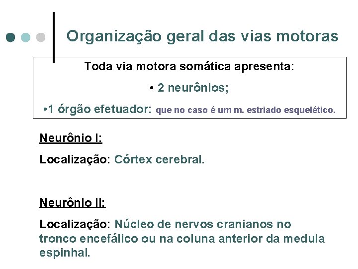 Organização geral das vias motoras Toda via motora somática apresenta: • 2 neurônios; •