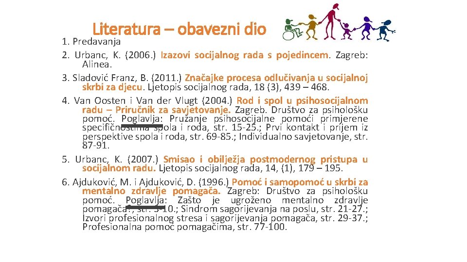 Literatura – obavezni dio 1. Predavanja 2. Urbanc, K. (2006. ) Izazovi socijalnog rada