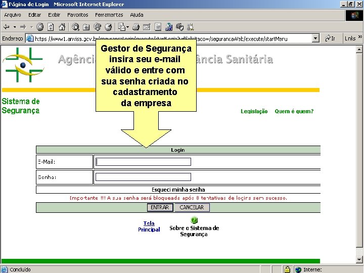 Sistema Nacional de Gerenciamento de Produtos Controlados Gestor de Segurança insira seu e-mail válido