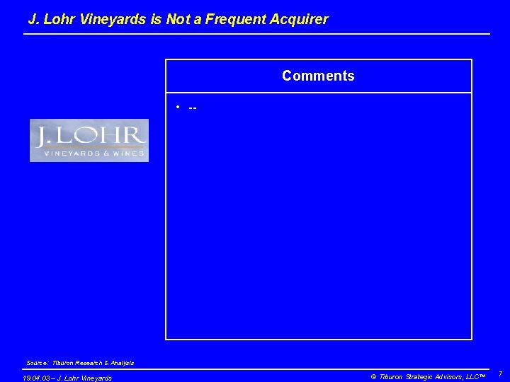 J. Lohr Vineyards is Not a Frequent Acquirer Comments • -- Source: Tiburon Research