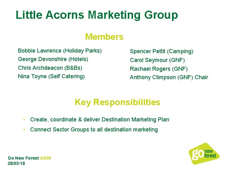 Little Acorns Marketing Group Members Bobbie Lawrence (Holiday Parks) Spencer Pettit (Camping) George Devonshire