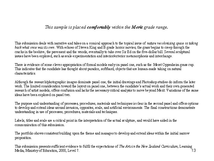 This sample is placed comfortably within the Merit grade range. This submission deals with