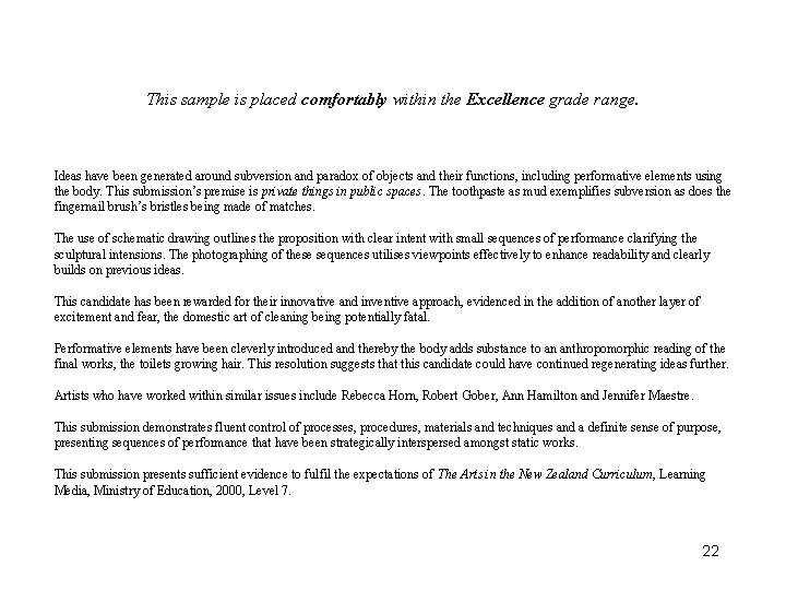 This sample is placed comfortably within the Excellence grade range. Ideas have been generated