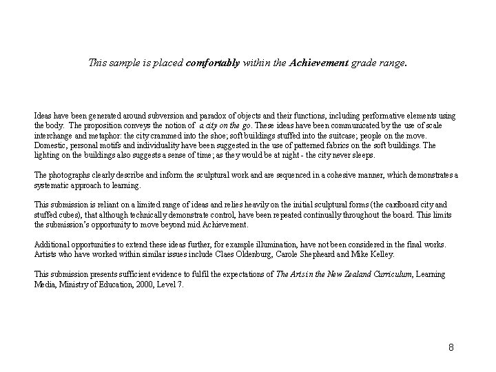 This sample is placed comfortably within the Achievement grade range. Ideas have been generated