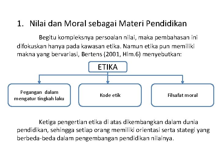 1. Nilai dan Moral sebagai Materi Pendidikan Begitu kompleksnya persoalan nilai, maka pembahasan ini