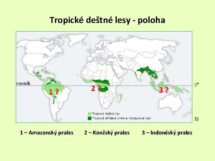 Tropické deštné lesy - poloha rovník 1? 2? 3? 0° 1) 1 – Amazonský