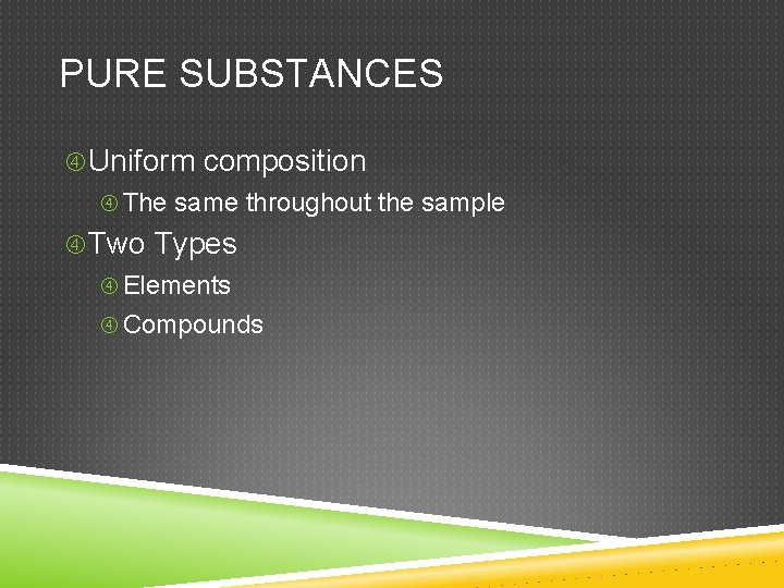 PURE SUBSTANCES Uniform composition The same throughout the sample Two Types Elements Compounds 