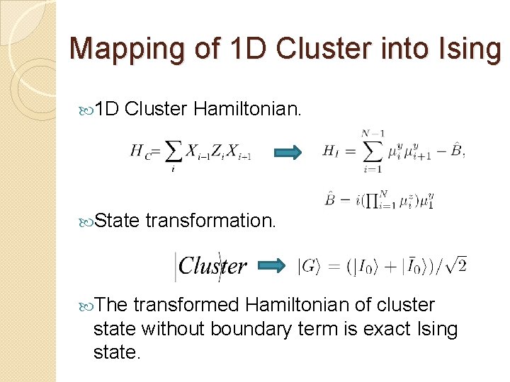 Mapping of 1 D Cluster into Ising 1 D Cluster Hamiltonian. State The transformation.