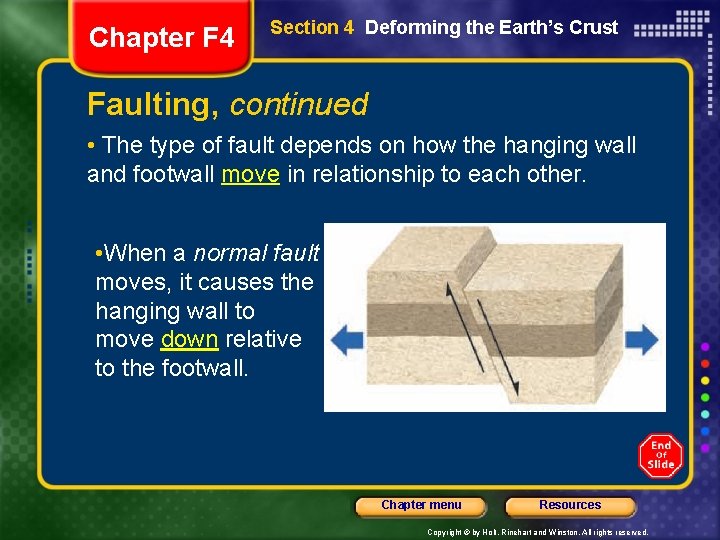Chapter F 4 Section 4 Deforming the Earth’s Crust Faulting, continued • The type