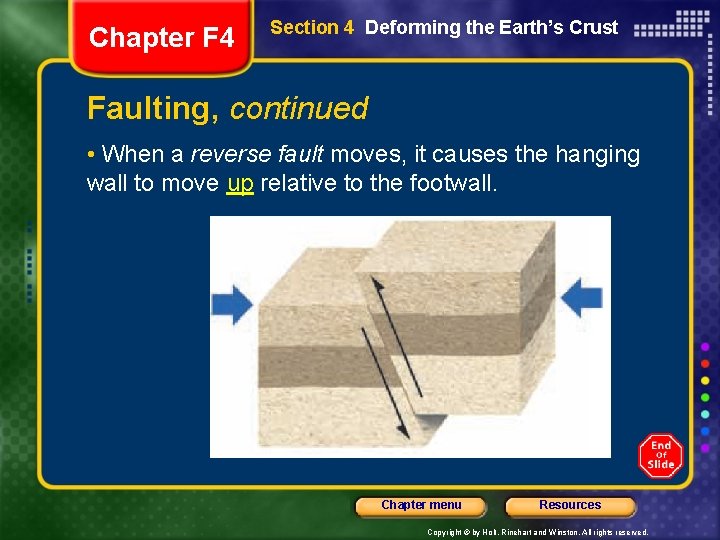 Chapter F 4 Section 4 Deforming the Earth’s Crust Faulting, continued • When a