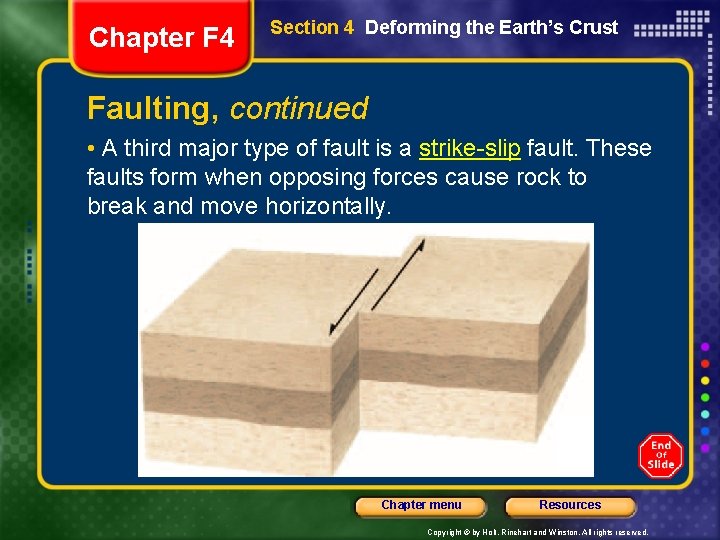 Chapter F 4 Section 4 Deforming the Earth’s Crust Faulting, continued • A third