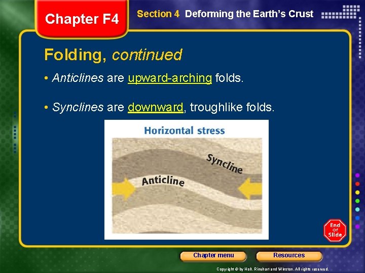 Chapter F 4 Section 4 Deforming the Earth’s Crust Folding, continued • Anticlines are